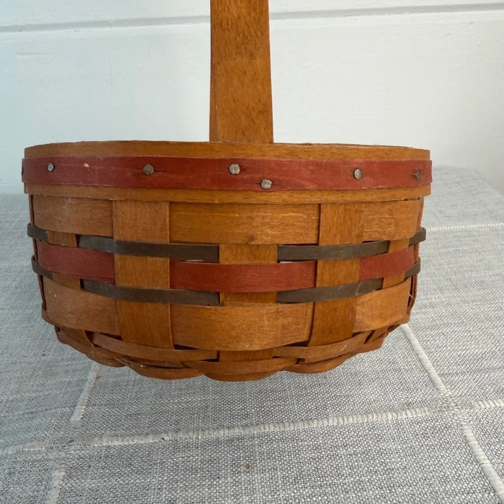 1989 Longaberger All American Stitching Basket Red Blue Stationary Handle USA